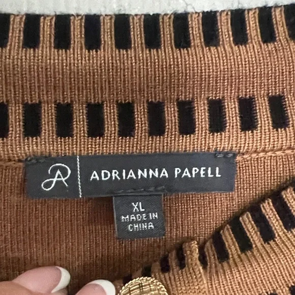 Adrianna Papell Camel Cardigan with Black Trim and Gold Buttons - Picture 2 of 6